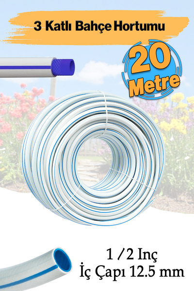 Badem10 Bahçe Hortumu 20 Metre 3 Katlı Kalın Sağlam Çeşme Su Sulama Hortum Araç Araba Yıkama 12.5 mm 1/2"
