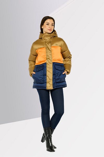 Lacoste Women Color Block Hooded Puffer Jacket, Orange