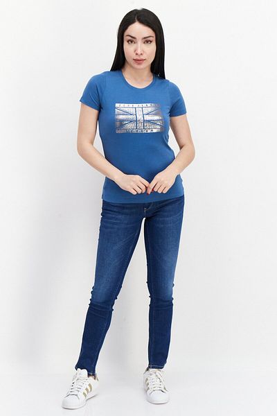 Pepe Jeans Women Crew Neck Short Sleeves Printed T-Shirt, Teal Blue