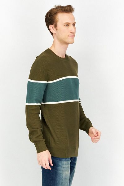 CELIO Men Crew Neck Long Sleeve Colorblock Sweatshirts, Dark Khaki Combo