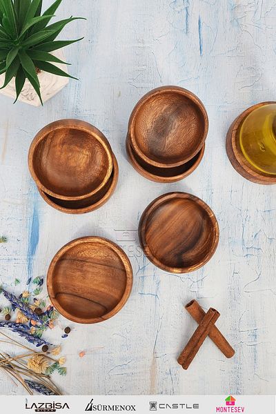 MONTESEV 6 Pieces Snack Bowl Wooden Natural Snack Bowl Round Presentation Bowl Acacia and Hornbeam