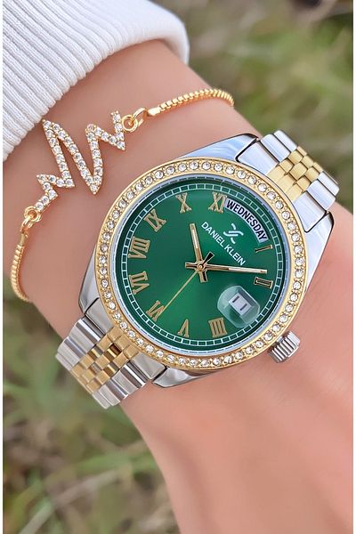 Daniel Klein Brand Yellow Silver Color Stone Large Case Women's Wristwatch - Bracelet