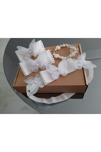 Nevgiss Aksesuar 2 Pieces of Rubber Buckle with Tulle Butterfly and PearlsBandanaGold Plated and Figured Bracelet Set