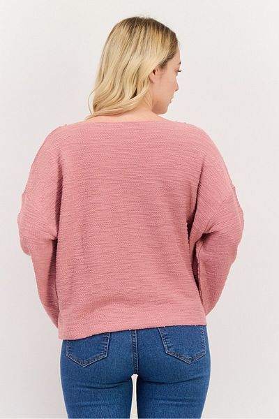 Roxy Women V-neck Long Sleeve Textured Top, Old Rose