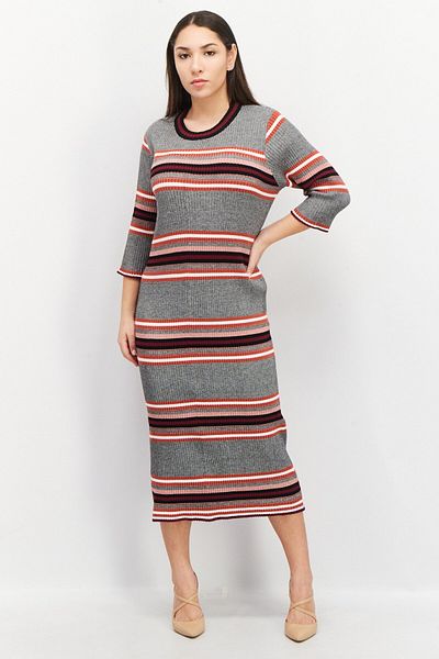 French Connection Women Textured 3/4 Sleeve Knitted Midi Dress, Grey Combo