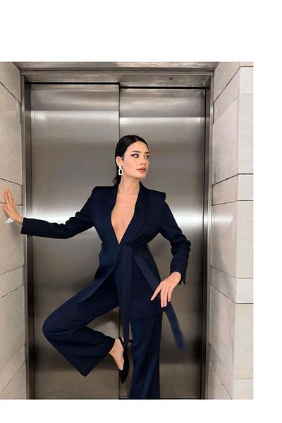 stcococix since 1990 Women Belted Blazer Jacket Loose Leg Pants Set