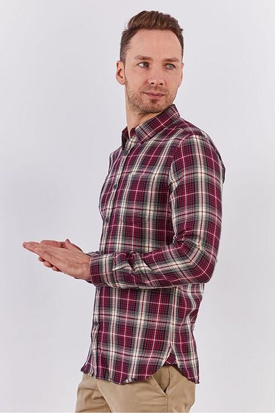 French Connection Men Spread Collar Long Sleeves Plaid Casual Shirt, Burgundy Combo