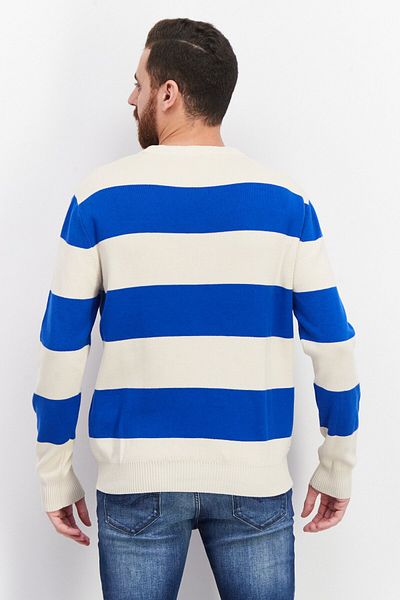 CELIO Men Round Neck Long Sleeve Stripe Sweatshirt, Beige/blue