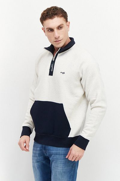 Perry Ellis Men Half Zipper Long Sleeve Brand Logo Sweatshirt, Off White Combo