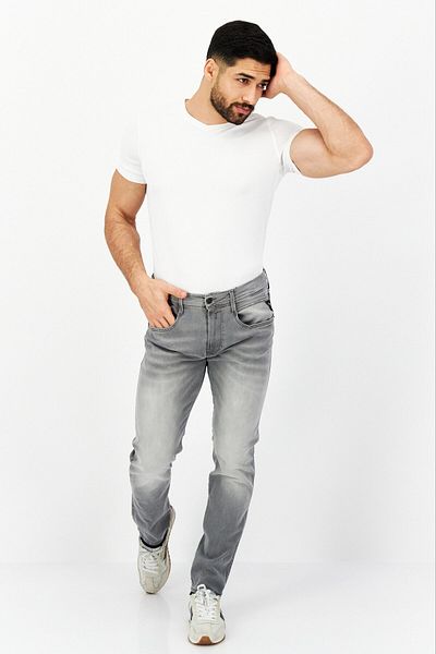 Replay Men Regular Fit Anbass Washed Stretchable Jeans, Light Grey
