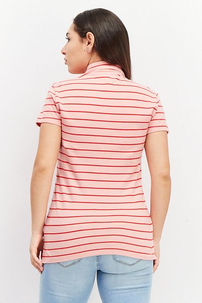 Timberland Women Spread Collar Short Sleeves Stripe Print Polo Shirt, Pink