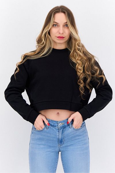 Lyle & Scott Women Crew Neck Solid Long Sleeves Crop Sweatshirt, Black