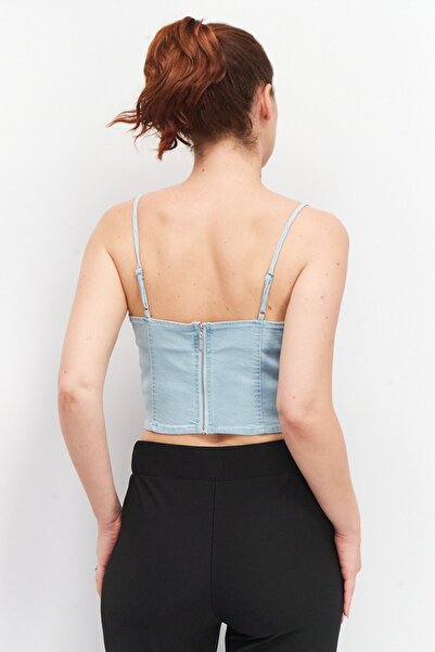 House Brand Women Square Neck Sleeveless Washed Crop Top, Blue