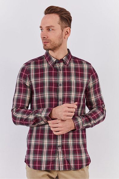 French Connection Men Spread Collar Long Sleeves Plaid Casual Shirt, Burgundy Combo