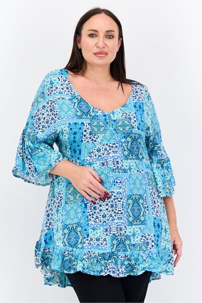 Avenue Women Plus Size Scoop Neck Elbow Sleeve Paisley Blouse, Aqua Mendallion