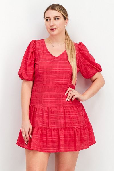French Connection Women V-Neck Puffed Sleeve Grid Pattern Mini Dress, Fuchsia