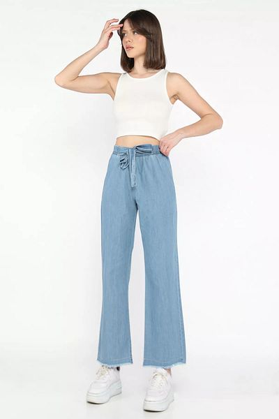 GÜLSELİ Pantaloni de damă albaștri cu talie înaltă cu ciucuri Palazzo Jean Jeans
