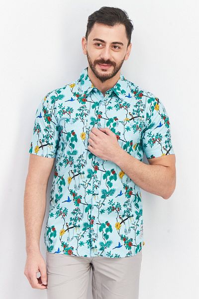 adidas Men Sportswear Fit Short Sleeve All Over Print Outdoor Polo Shirt, Blue Combo