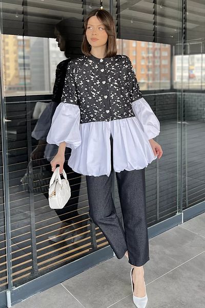 GÜLSELİ Black Balloon Sleeve Garnished Stonewashed Tunic Trousers Jeans Double Set