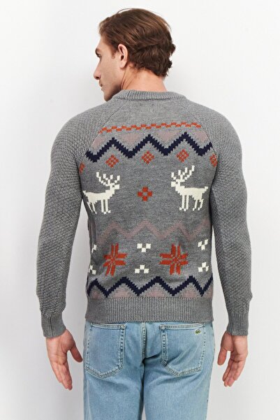 CELIO Men Crew Neck Long Sleeve Textured Sweater, Grey Combo