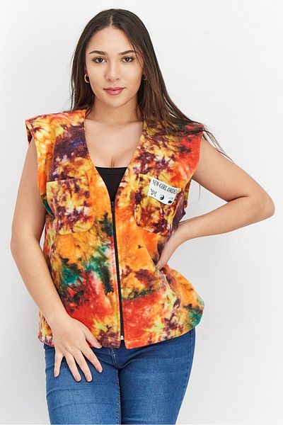 NEW girl ORDER Women Oversized V Neck Sleeveless Co Ord Tie Dye Vest, Orange Combo