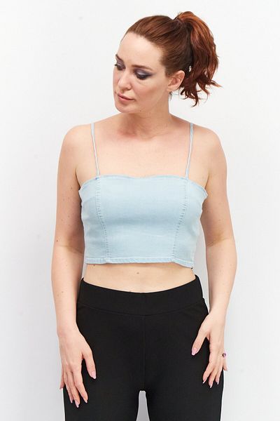 House Brand Women Square Neck Sleeveless Washed Crop Top, Blue