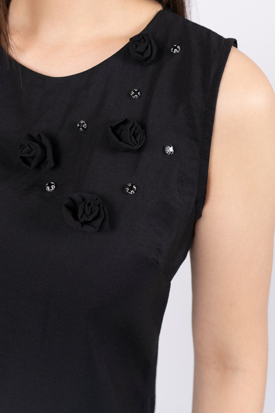 MissVina El İşlemesi Gül ve Taş Deteylı Keten Viskoz Kısa Elbise 50288