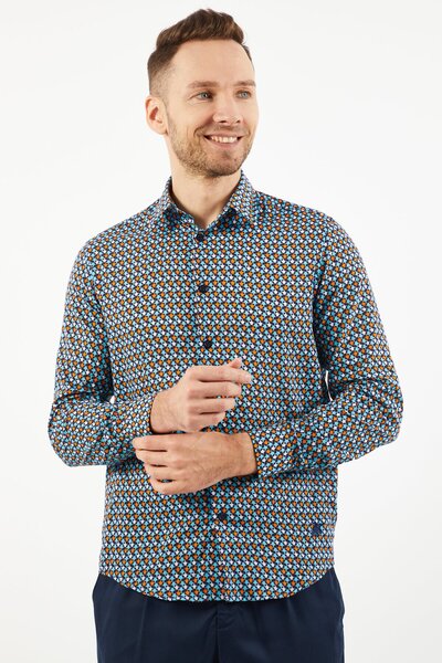 VILEBREQUIN قميص رجالي كاجوال بأكمام طويلة وقصّة عادية، لون أزرق داكن