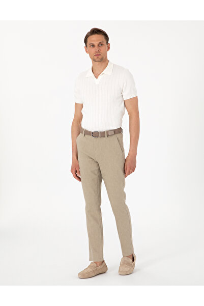 Pierre Cardin Haki Slim Fit Keten Karışımlı Çizgili Kanvas Pantolon 50301754-VR027