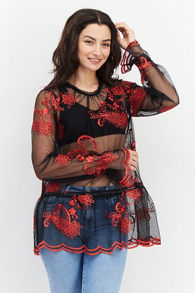 FEVER Women Keyhole Embroidered Short Sleeves Top, Red Combo
