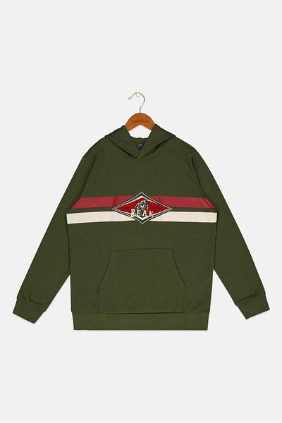 Bear Surfboards Kids Boy Graphic Print Long Sleeve Hooded Sweatshirt, Olive Green