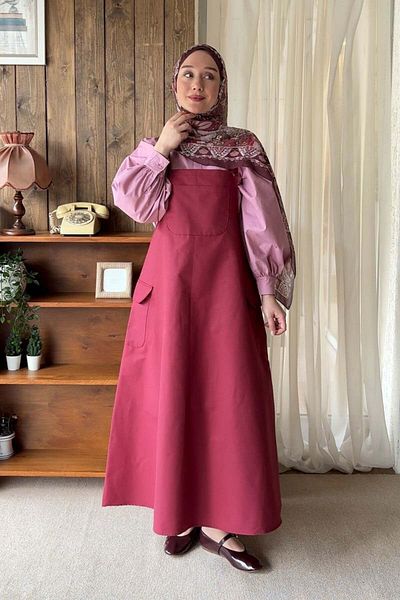 Ceylan Otantik Burgundy Linen Skirted Salopet & Pink Classic Collar Crop Shirt Set