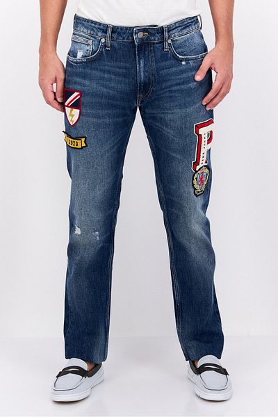 Pepe Jeans Men Regular Fit Embroidered Stretchable Jeans, Blue Combo