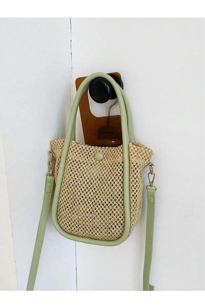 Katusa Kadın Mint Yeşili Yavrulu File Örgülü Deri Sap Ve Düğme Detaylı El Ve Omuz Çantası