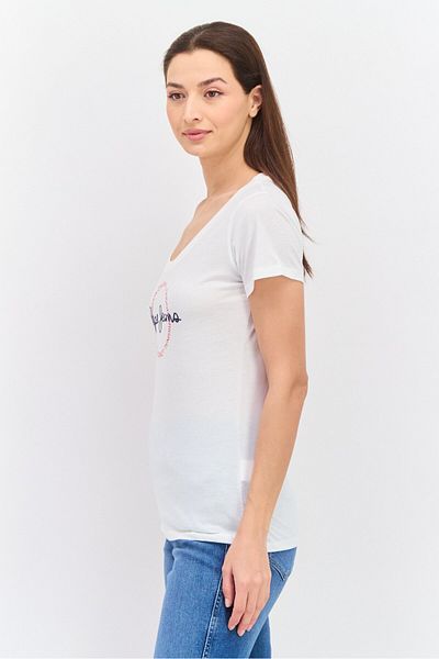 Pepe Jeans Women Round Neck Short Sleeves Brand Logo T-Shirt, Off White Combo