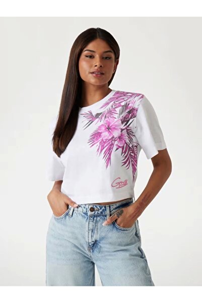 Guess Women's Pink Palm Patterned Logo T-Shirt