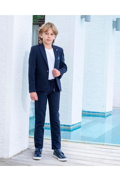 BUTİKHAPPYKİDS Boy's Navy Blue Suit Linen Sports Suit Jacket Pants T-Shirt 3-14 Years
