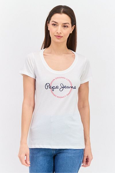 Pepe Jeans Women Round Neck Short Sleeves Brand Logo T-Shirt, Off White Combo