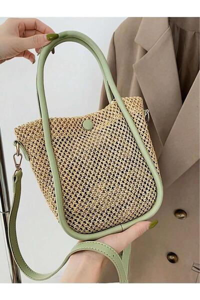 Katusa Kadın Mint Yeşili Yavrulu File Örgülü Deri Sap Ve Düğme Detaylı El Ve Omuz Çantası