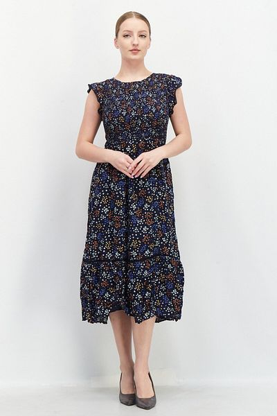 Lost + Wander Women Round Neck Cap Sleeve Floral Print Midi Dress, Navy Combo