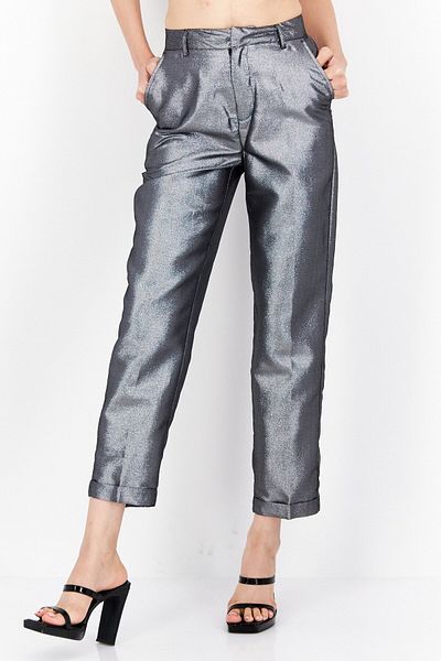 NA-KD Women Glittered Belt Loops Straight Pants, Silver