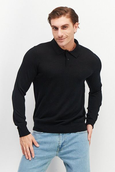 CELIO Men Spread Collar Long Sleeve Knitted Sweatshirts, Black