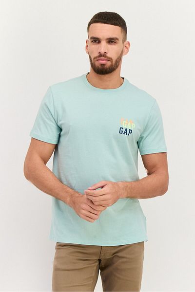 GAP Men Crew Neck Short Sleeves Brand Logo T-shirt, Aqua