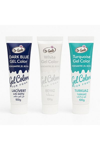 Dr. Gusto Gel Food Color Set of 3 Navy Blue White Turquoise 100 Gr