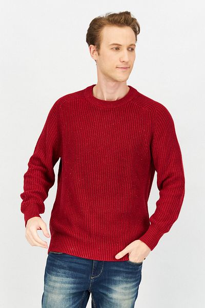 CELIO Men Crew Neck Long Sleeve Textured Sweater, Dark Red