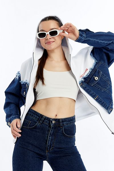 CHOS7N Women's Oversize Combed Cotton and Denim Garnished Jacket Zippered College Coat Printed Daily Use Denim Jacket
