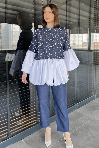 GÜLSELİ Navy Blue Balloon Sleeve Garnished Stonewashed Tunic Trousers Jeans Double Set