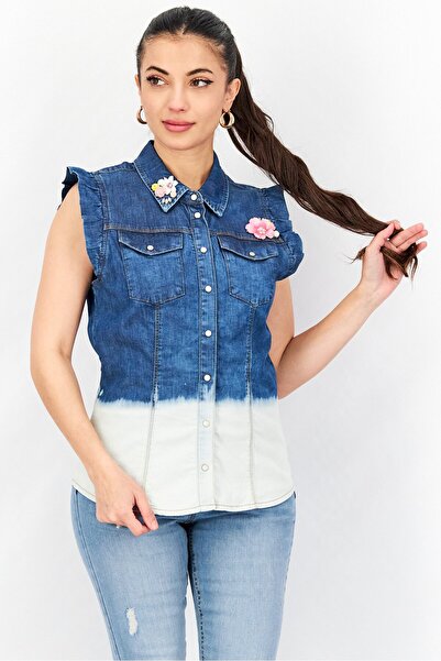 My Twin Women Spread Collar Ruffle Sleeve Chest Pocket Denim Top, Blue