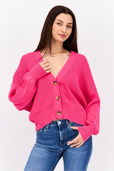 Esprit Women V Neck Long Sleeve Textured Cardigan, Pink