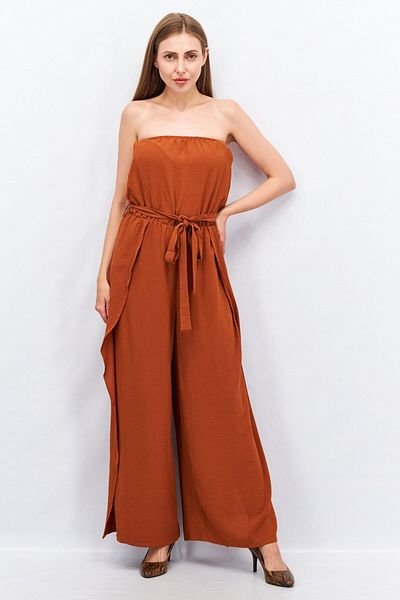 HYFVE Women Solid Strapless Jumpsuit, Rust Brown